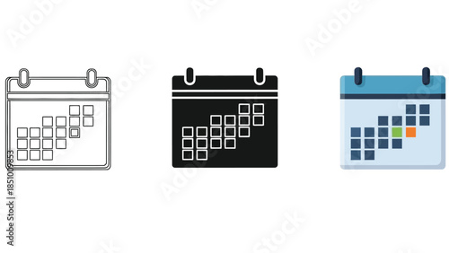 Set of three calendar icons representing date planning and scheduling in outline, solid black, and color flat design styles
