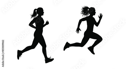 Two female silhouettes running in mid-stride against a clean white background with a dynamic and athletic mood.
