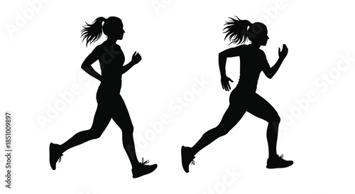 Two female silhouettes running side by side in athletic poses against a plain white background with dark shadows.