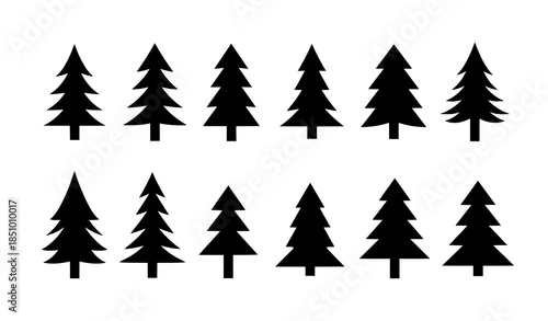 Minimal pine and spruce tree silhouette icon set in flat black style isolated on white