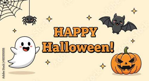 Digital illustration of Halloween characters and symbols on a light orange background with festive text.