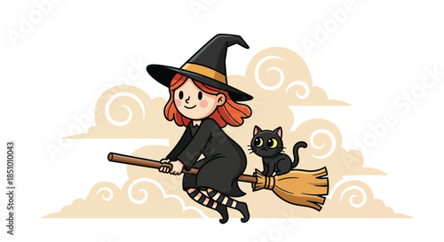 A cartoon illustration of a smiling witch flying on a broomstick with a black cat against a whimsical cloudy background.