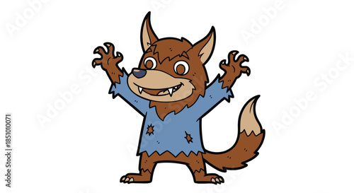 Cartoon illustration of a brown werewolf in a blue tattered shirt with fangs and claws raised, against a plain white background.