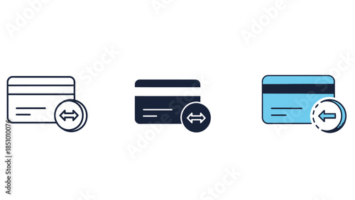 Credit card transfer icon set financial transaction symbol with exchange arrows in outline, solid and color styles