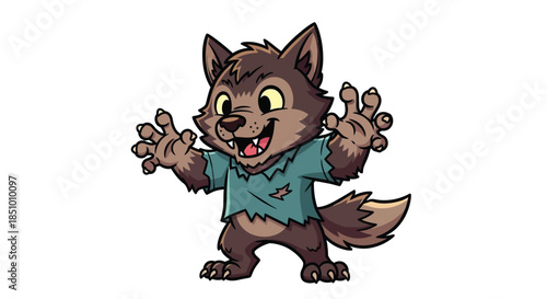 A cartoon wolf character wearing a teal shirt stands with raised paws on a white background with a playful mood.