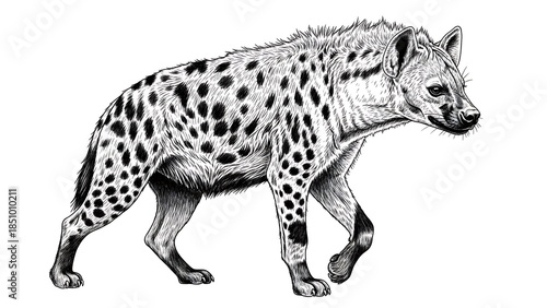 Detailed black and white engraving illustration of a spotted hyena walking in profile view