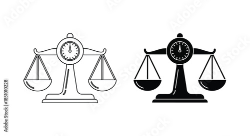 Two scale icons with clocks on one side and bowls on the other, one in black and white line art and the other in solid black, against a white background.