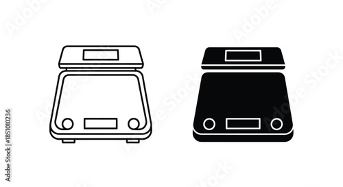 Black and white line art illustration of two digital scales with a clean white background.