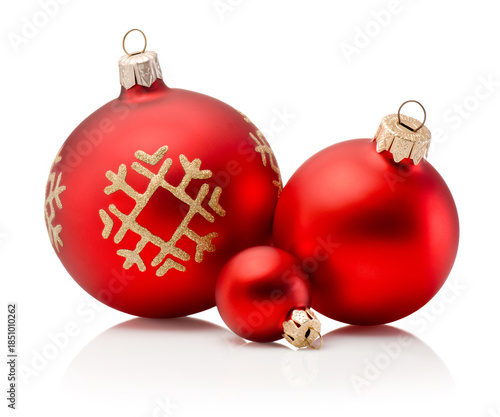 Three Christmas red baubles isolated on white background