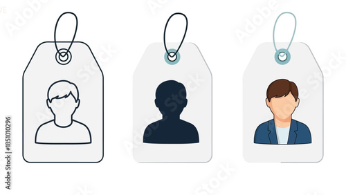 Set of three user profile tags or labels with different avatar styles outline, silhouette and colored illustration
