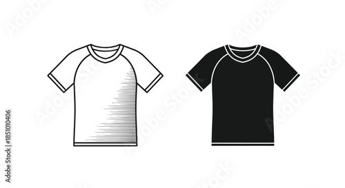Simple line drawing of a white t-shirt and a black t-shirt on a plain white background with outlined sleeves and necklines.