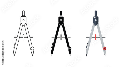 Set of three drawing compass icons, line art, solid black and color variations, for geometry and drafting tools