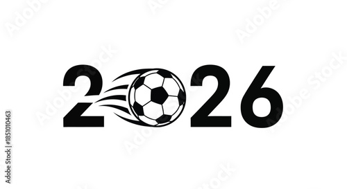 Black and white graphic illustration of a soccer ball with motion lines, replacing the zero in '2026', on a clean white background.
