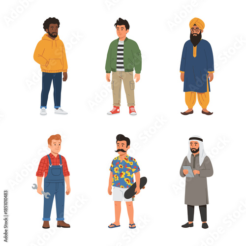 Diverse men standing showing variety of cultures and occupations