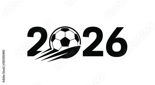 Black and white graphic illustration of a soccer ball intersecting with the year 2026 in bold font on a plain white background.