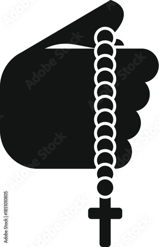 Hand holding a rosary with a christian cross icon, symbolizing faith and prayer