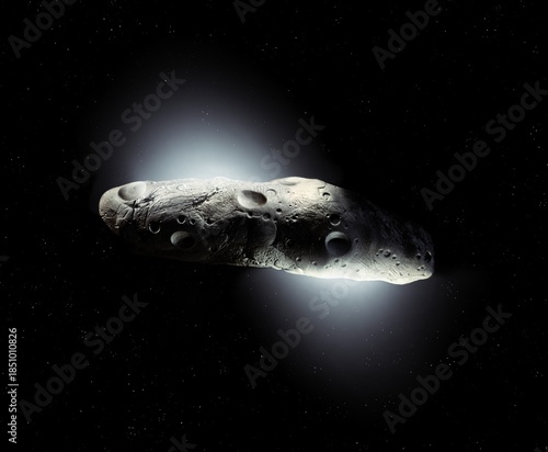 Interstellar asteroid in space. A cigarette-shaped space rock. An elongated celestial body from outside the solar system.