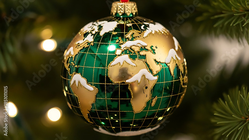 International Christmas celebration design featuring a shiny green and gold world map globe ball.