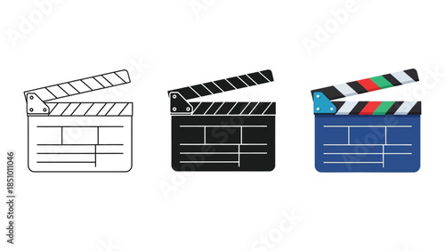 Set of three clapperboard icons for film production, movie making, and video recording in outline, solid black and color styles
