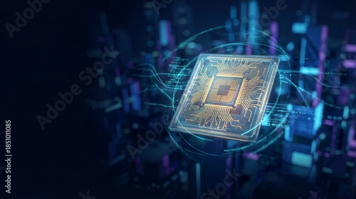 Glowing microchip floating in futuristic city skyline. Advanced semiconductor processor with intricate circuit patterns. Digital technology innovation and electronics concept for computing future.