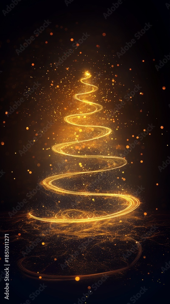 Obraz premium Swirling Golden Light Creates a Stunning Abstract Christmas Tree on Dark Surface with Bokeh Effects