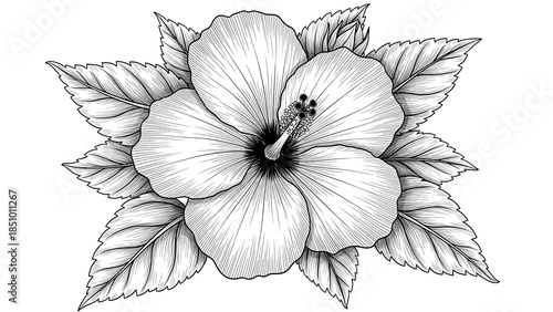 vintage black and white hibiscus flower drawing with detailed engraving style leaves illustration