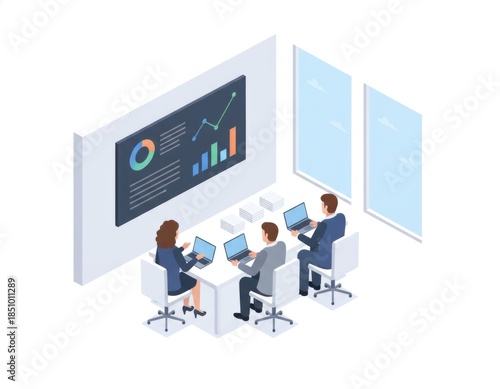 Team Collaboration in Modern Office Meeting with Data Presentation