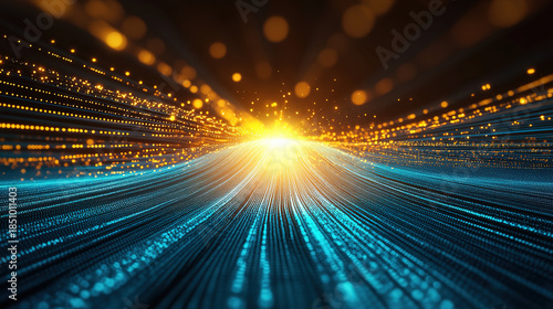Blue financial data lines flowing into a glowing golden core represent capital inflow and wealth accumulation. Modern, clean, and professional
