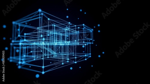 Blue wireframe house structure on black background. Digital 3D model of modern building. Virtual architecture blueprint for design and construction visualization.