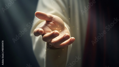 Divine intervention concept showing the hand of Jesus reaching out for a miracle and blessing in faith.