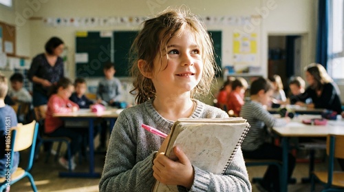 Wallpaper Mural Joyful child holding notepad in classroom engaging learning environment captured from front view inspiring education concept Torontodigital.ca