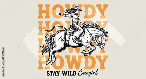 Dynamic Illustration of a Cowgirl Riding a Horse with "Howdy" Text in Background.