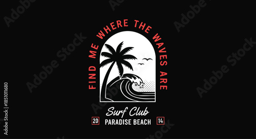 Embrace the Ocean Lifestyle: Tropical Surf Club Design with Palm Tree and Waves.