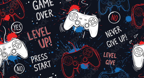Gaming Pattern with Controllers and Motivational Phrases for Gamers and Esports Enthusiasts.
