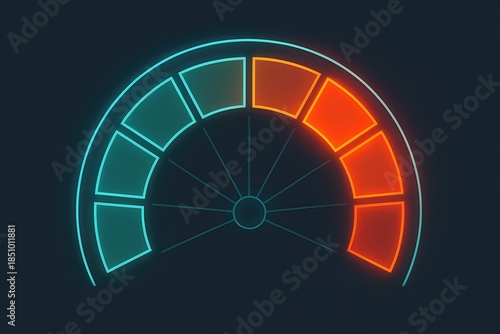 Neon dashboard interface representing performance metrics with a gauge measuring efficiency highlighting the balance between optimal output and critical alert levels