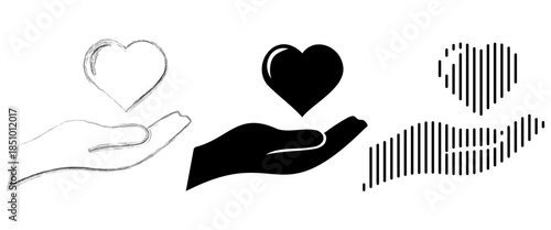 Hand holding heart icon set. Care, charity, and love symbol in sketch, silhouette, and line styles