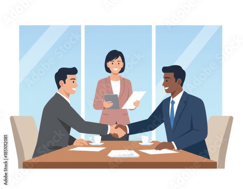 Business Partners Shaking Hands at Meeting Table with Colleague Observing