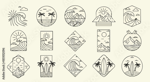 Minimalist Vector Icons of Tropical Beaches, Surfing Waves, and Mountain Landscapes for Coastal Branding.