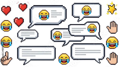 Pixel Art Emoji and Speech Bubbles for Retro Digital Communication.