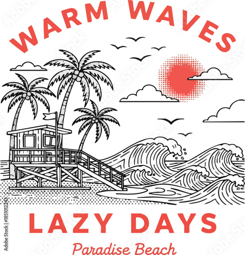 Retro Beach Lifestyle Art: Palm Trees, Ocean Waves, Lifeguard Stand with "Warm Waves" and "Lazy Days" slogans.