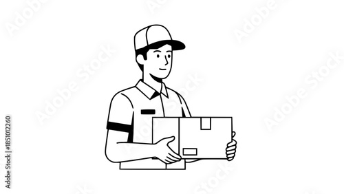 Flat vector illustration of delivery worker holding package, uniform outfit, logistics and e-commerce concept, modern flat style, isolated on white background