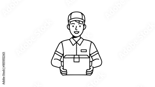 Flat vector illustration of delivery worker holding package, uniform outfit, logistics and e-commerce concept, modern flat style, isolated on white background