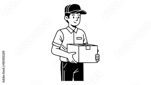 Flat vector illustration of delivery worker holding package, uniform outfit, logistics and e-commerce concept, modern flat style, isolated on white background