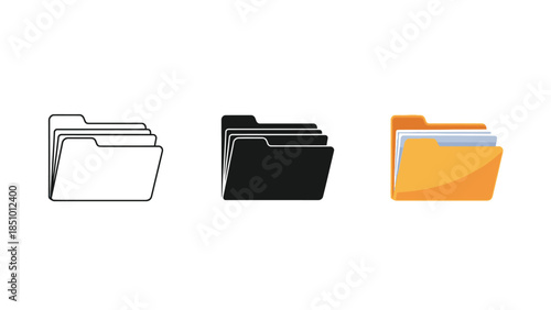 Set of three folder icons in different styles outline, solid black and colored, representing file organization and data storage concepts
