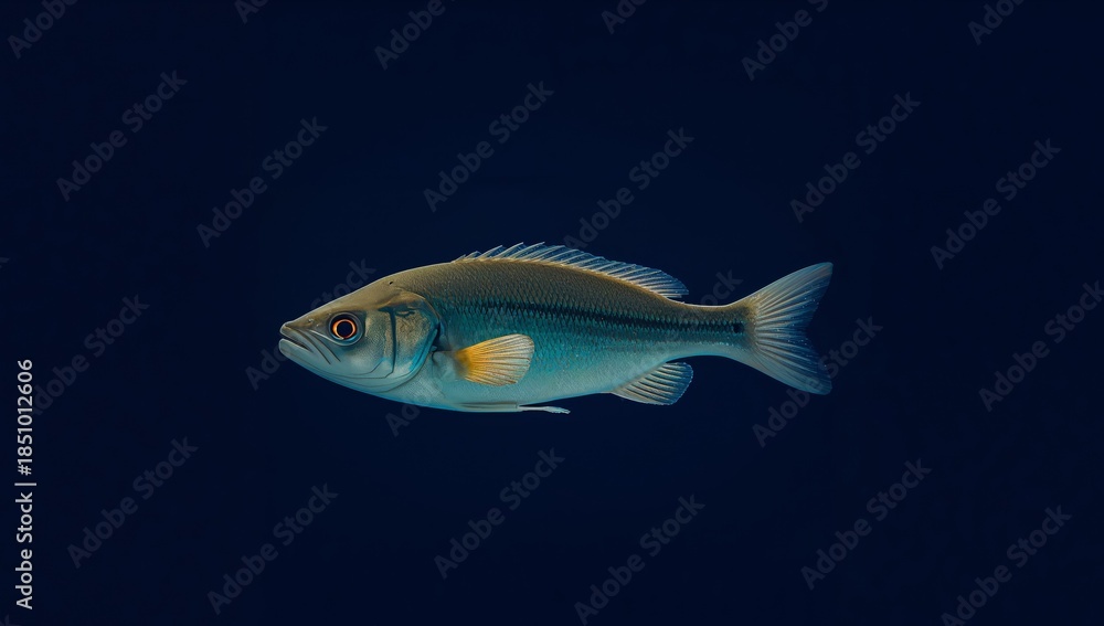 Fototapeta premium Aquatic Creature Fish with Blue and Gold Tint Against a Deep Blue Background.