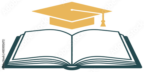 Flat vector illustration of an open book with a graduation cap above it, minimal design,modern education concept, isolated on plain background.