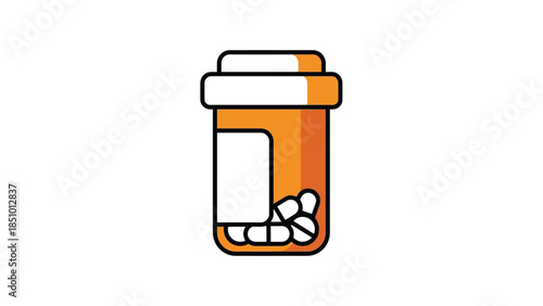 Orange prescription pill bottle with white label and pills.