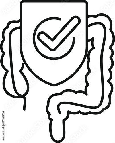 Shield with checkmark protecting the human gut and colon, representing digestive health