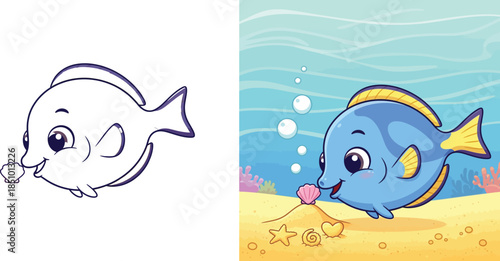 Cute Cartoon Blue Tang Fish Swimming Underwater on Sandy Ocean