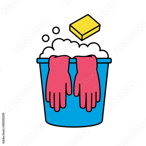 Vibrant Cleaning Bucket with Gloves, Sponge, and Suds